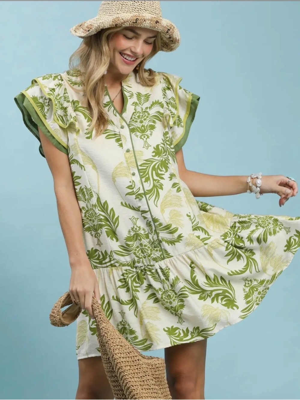 💚 Hello Sunshine! Umgee Toile Print Button-Front Mini Dress Dropped Ruffle Hem - Picture 1 of 11